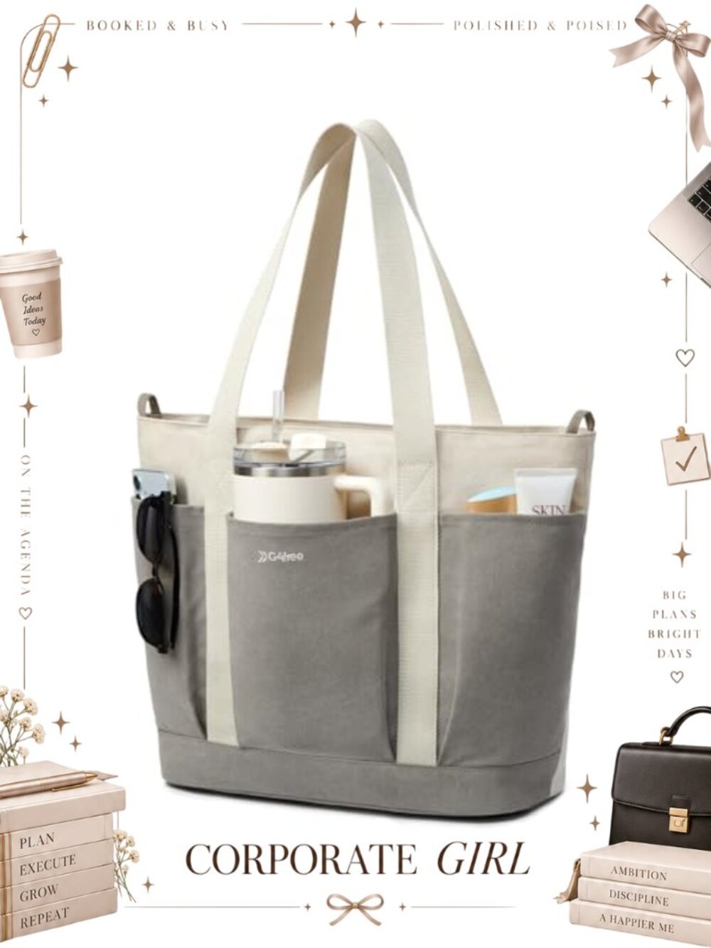 Large Canvas Tote Bag with Zipper 15.6 in Laptop Work Travel